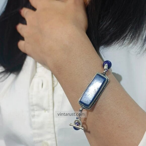 Single Handcrafted Lapis Bracelet, Bohemian Silver Kuchi Bracelet, Afghan Tribal - Picture 1 of 4